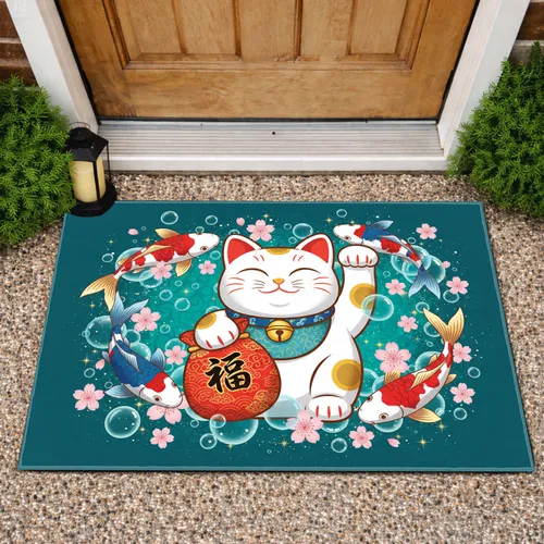 Maneki-neko Lucky Cat Koi Fish Cherry Blossom - Home Decor Gift Doormat