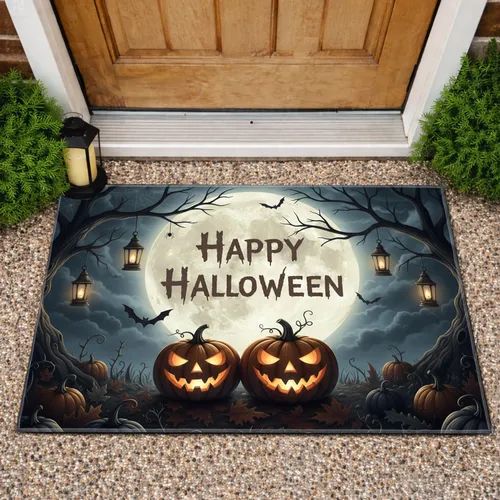 Happy Halloween Jack-o'-lanterns Ominous Moon Spooky Trees - Halloween Party Doormat