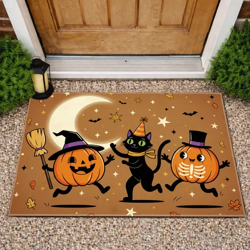 Pumpkin Witch Black Cat Skeleton Glowing Moon Stars Halloween Party Decor Gift Doormat