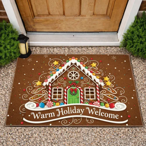 Gingerbread House Candy Cane Wreath Icing Windows Warm Holiday Welcome - Christmas Decor Doormat