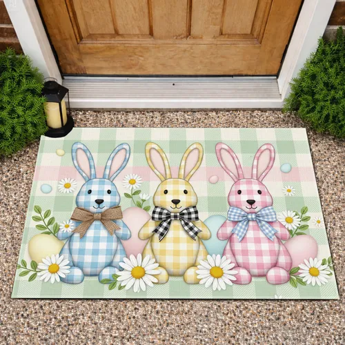 Three Gingham Easter Bunnies Pastel Eggs Daisies - Spring Holiday Decor Gift Doormat
