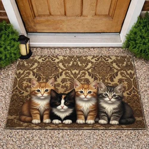 Five Ginger Black Calico Tabby Kittens Ornate Textile Brocade Damask - Cat Lover Home Decor Gift Doormat