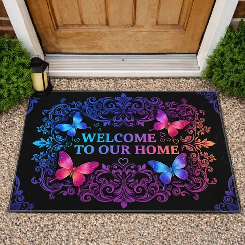 WELCOME HOME Vibrant Butterflies Ornamental Scrollwork - Home Decor Gift Doormat