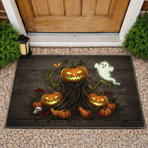 Glowing Jack-o'-Lantern Trio Ghost Rustic Wood - Halloween Home Decor Doormat