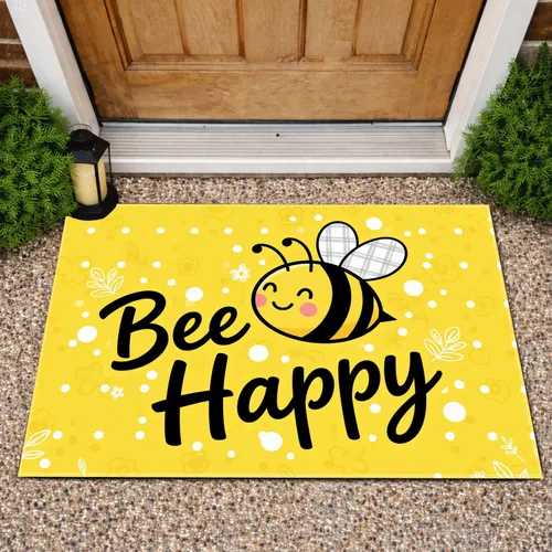 Bee Happy Text Cheerful Plaid Wing Bee Yellow Polka Dot Home Decor Gift Doormat