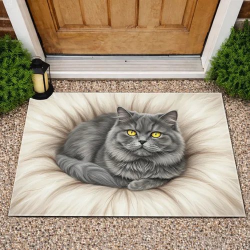 Curled Fluffy Grey Persian Cat Yellow Eyes Thick Cream Fur - Cat Lover Home Decor Gift Doormat