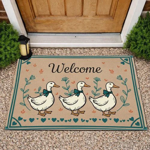 Welcome White Ducks Floral Border - Farmhouse Home Decor Gift for Duck Lovers Doormat