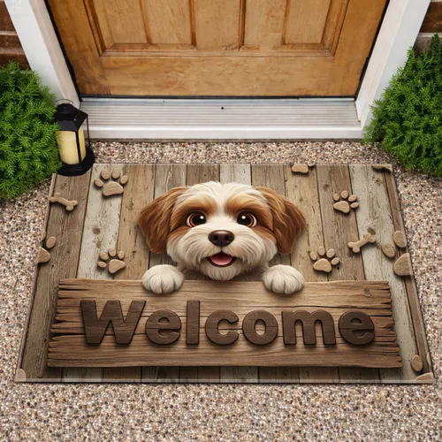 Fluffy Dog Welcome Sign Paw Prints - Home Decor Gift for Dog Lover Doormat