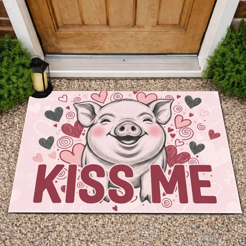 Charming Plump Baby Pig Rosy Cheeks Kiss Me Hearts Swirls - Valentine's Day Gift for Pig Lover Doormat