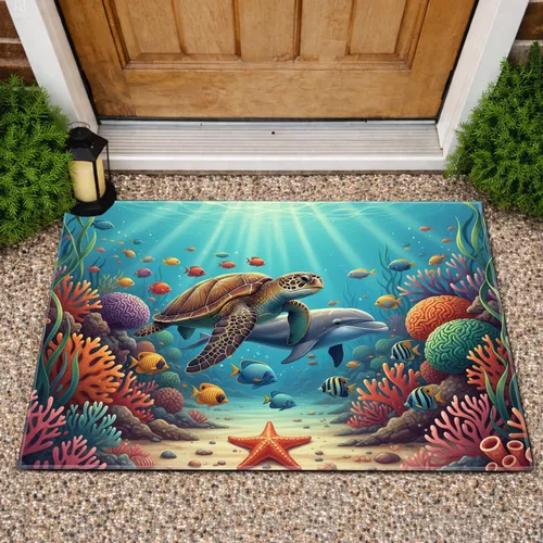 Sea Turtle Dolphin Starfish Ocean Coral - Wildlife Lover Home Decor Gift Doormat