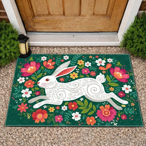 White Rabbit Fuchsia Coral Fantasy Floral - Home Decor Gift for Rabbit Lover Doormat