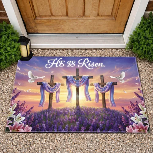 He Is Risen Three Crosses Doves Lilies - Easter Celebration Religious Home Decor Doormat