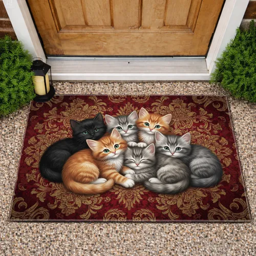 Fluffy Tabby Kittens Oriental Floral Tapestry - Home Decor Gift for Cat Lover Doormat