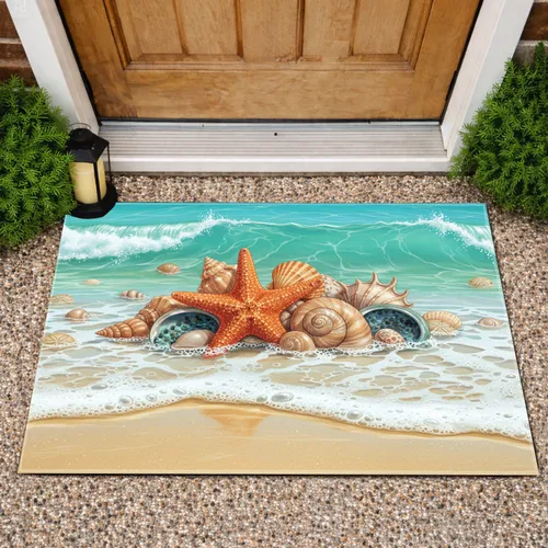 Sun Drenched Beach Starfish Conch Seashells Ocean Wave - Home Decor Gift for Ocean Lover Doormat