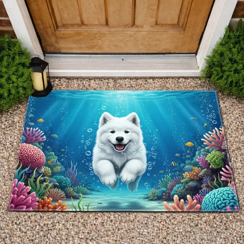 Fluffy Samoyed Puppy Underwater Coral Reef - Home Decor Gift for Dog Lover Doormat