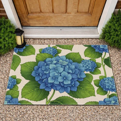 Blue Hydrangea Flower Clusters Green Leaves - Garden Lover Home Decor Gift Doormat