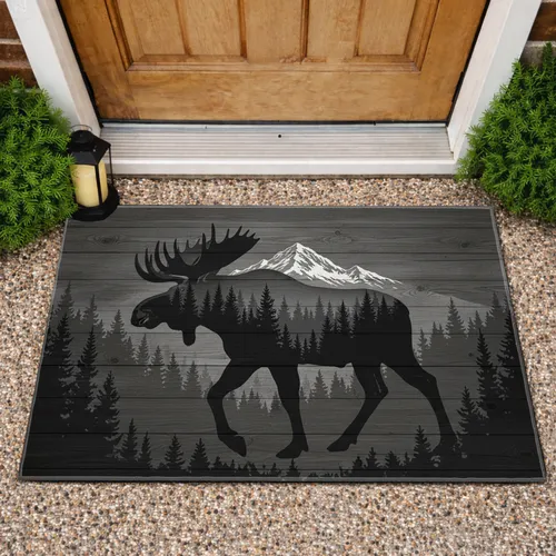 Moose Forest Mountain Wood Plank - Lodge Decor Gift Doormat