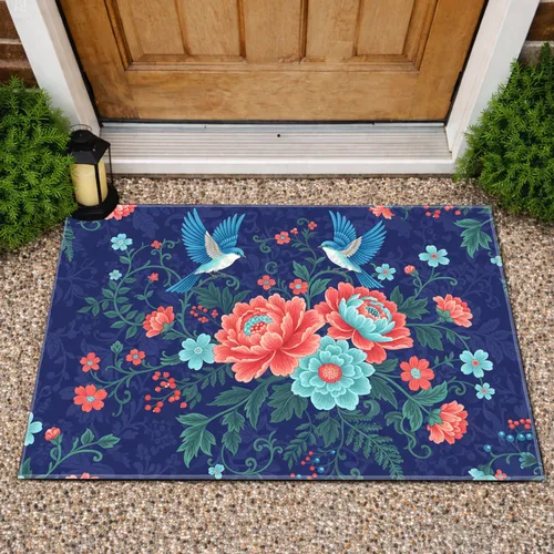 Fantasy Peony Chrysanthemum Bluebird Botanical Garden - Home Decor Gift Doormat