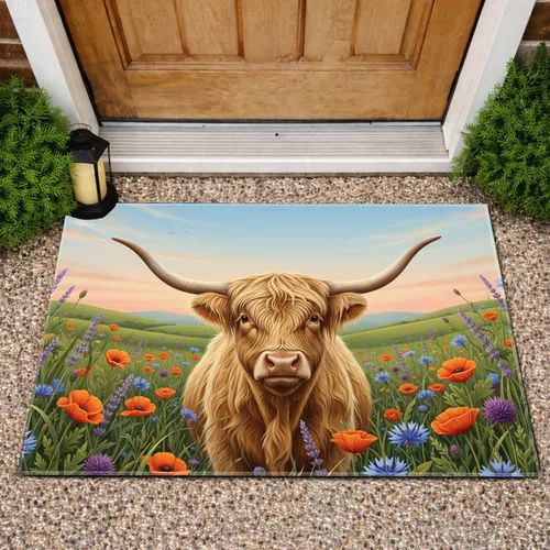 Highland Cow Wildflower Meadow - Farmhouse Home Decor Gift for Cow Lover Doormat