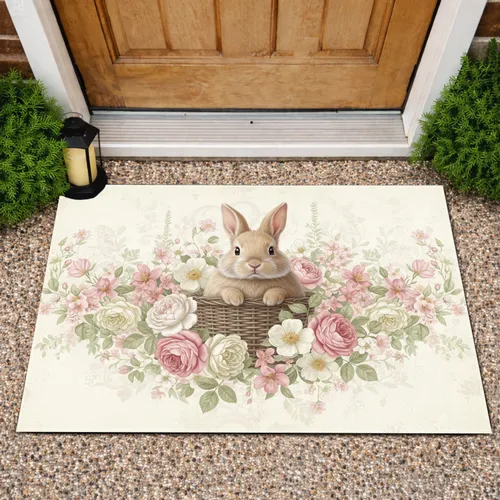 Fluffy Light Brown Bunny Rustic Basket Pastel Roses Cream Blossoms Foliage - Spring Home Decor Doormat