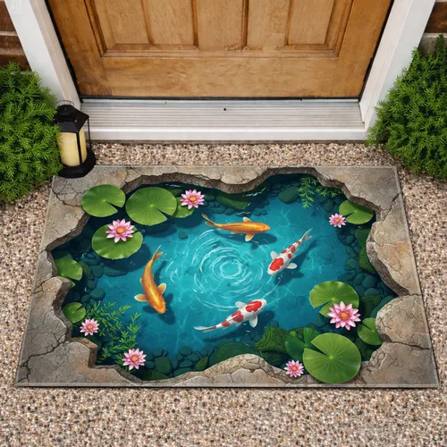 Koi Fish Pond Water Lilies Natural Stone - Home Decor Gift for Pond Lover Doormat