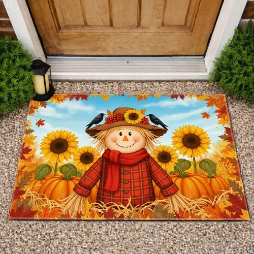 Scarecrow Sunflower Pumpkin Autumn Leaves - Farmhouse Home Decor Doormat