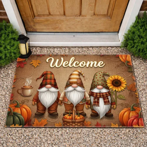 Autumn Welcome Gnomes Pumpkins Leaves Sunflower Mug - Fall Harvest Home Decor Gift Doormat