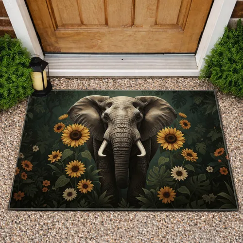 African Elephant Tropical Flowers Sunflowers - Home Decor Gift for Wildlife Lover Doormat