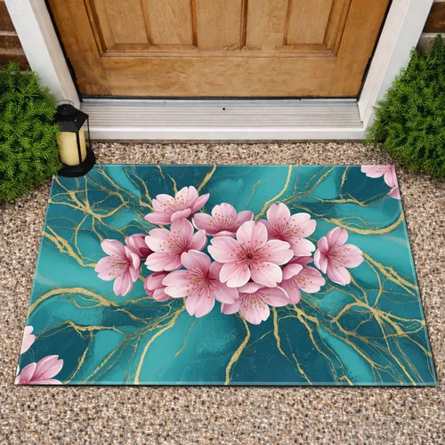 Delicate Pink Sakura Teal Turquoise Marble Gold Veining - Home Decor Gift Doormat