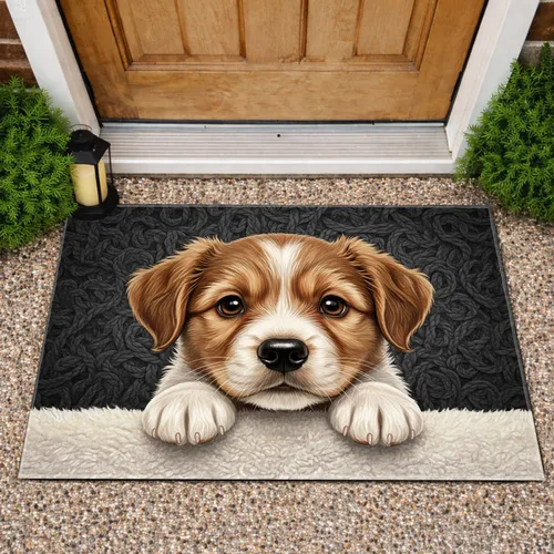 Warm Brown Cream Puppy Dog Head Paws Black Nose - Dog Lover Home Decor Gift Doormat