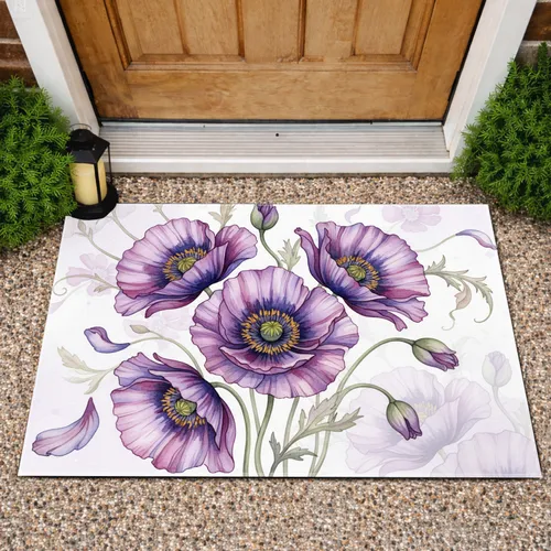 Vibrant Purple Lavender Poppies Blooming Floral Garden Decor Gift for Poppy Lover Doormat