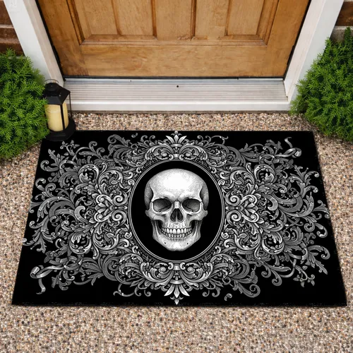 Human Skull Ornate Baroque Scrollwork Filigree - Gothic Home Decor Gift Doormat