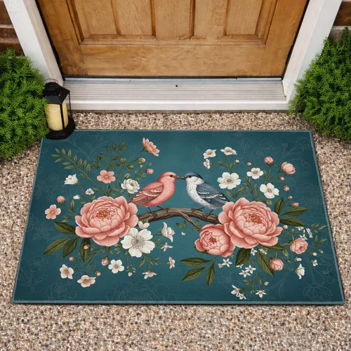 Coral Pink Blue Birds Peonies Wildflowers Botanical - Wildlife Lover Gift Doormat