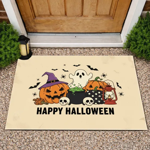 Happy Halloween Smiling Pumpkin Ghost Skulls Bat Cauldron - Halloween Party Decor Doormat