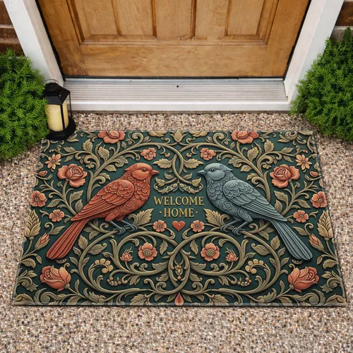 Welcome Home Message Ornate Birds Lush Intertwining Flowers - Home Decor Gift Doormat