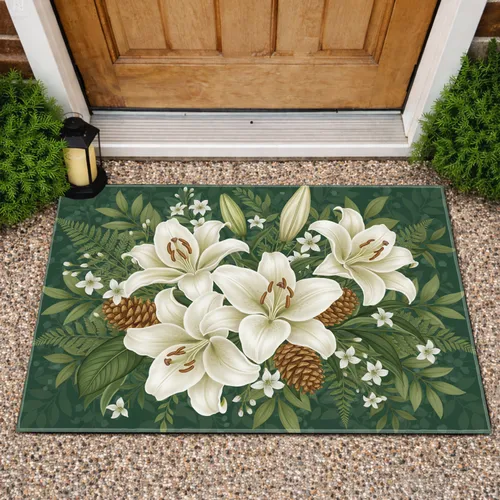 Realistic White Lilies Pine Cones - Home Decor Gift for Garden Lover Doormat