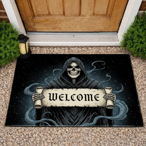 Skeletal Grim Reaper Welcome Scroll - Gothic Home Decor Gift for Gothic Lover Doormat