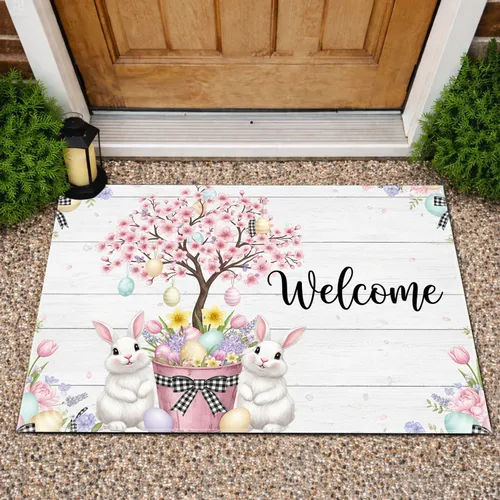 Welcome Cherry Blossom Easter Bunnies - Farmhouse Spring Home Decor Gift Doormat