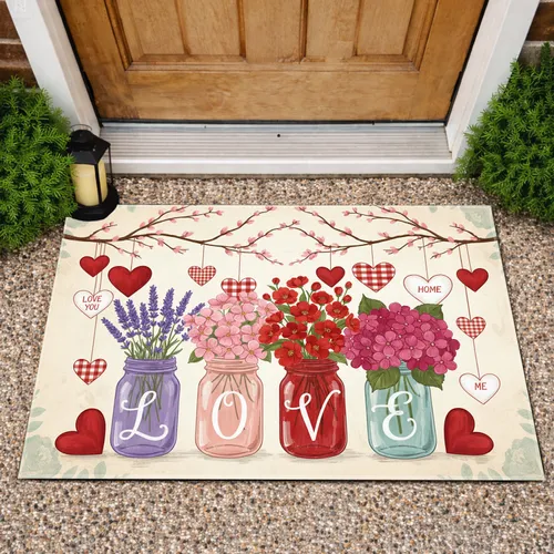 LOVE Letter Mason Jars Floral Hearts Branches - Rustic Farmhouse Home Decor Gift Doormat