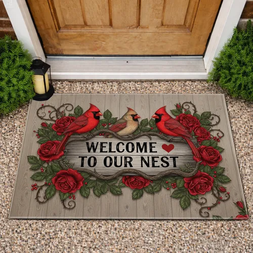 Northern Cardinal Welcome Nest Sign Roses - Farmhouse Home Decor Gift for Bird Lover Doormat