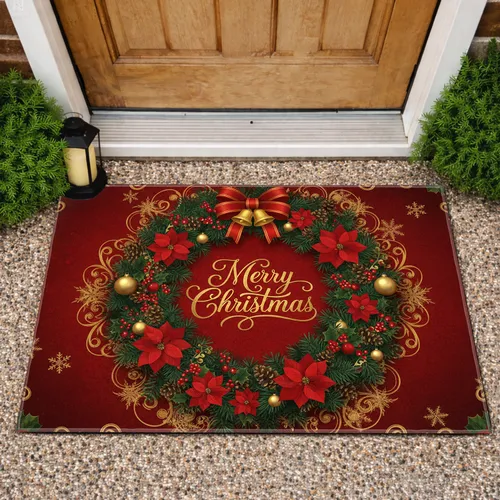 Golden Merry Christmas Wreath Poinsettia Pinecone - Festive Home Decor Gift Doormat