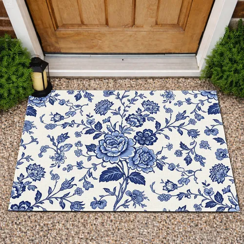 Classic Delftware Toile Chinoiserie Botanical Floral Roses Vines - Home Decor Gift Doormat