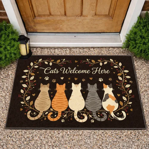 Cats Welcome Here Five Cats Botanical Frame - Home Decor Gift for Cat Lovers Doormat