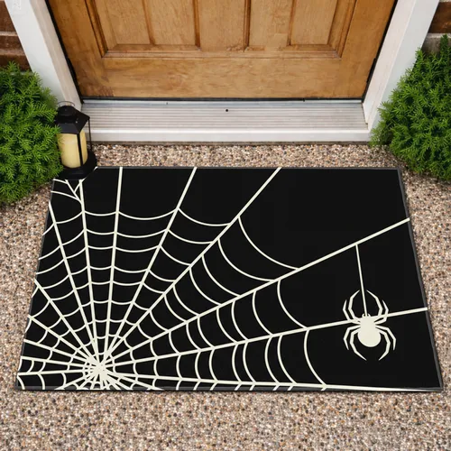 Deep Black Background Large Intricate Spiderweb Hanging Cream Spider Halloween Decor Gift Doormat