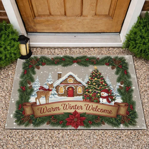 Warm Winter Welcome Cottage Christmas Tree Fawn Snowman - Holiday Home Decor Doormat