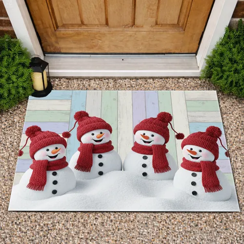 Snowmen Hat Scarf Snowdrift Rustic Wood - Christmas Decor Gift for Snowman Lover Doormat