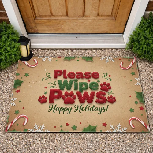 Please Wipe Paws Paw Print Holly Candy Canes Snowflakes - Christmas Holiday Season Gift Doormat