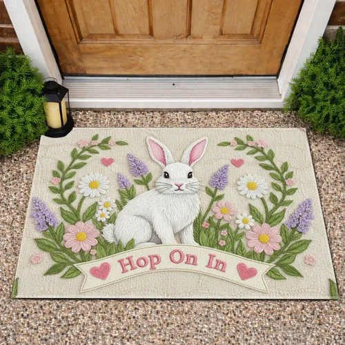 Fluffy White Rabbit Spring Floral Welcome - Home Decor Gift for Rabbit Lovers Doormat