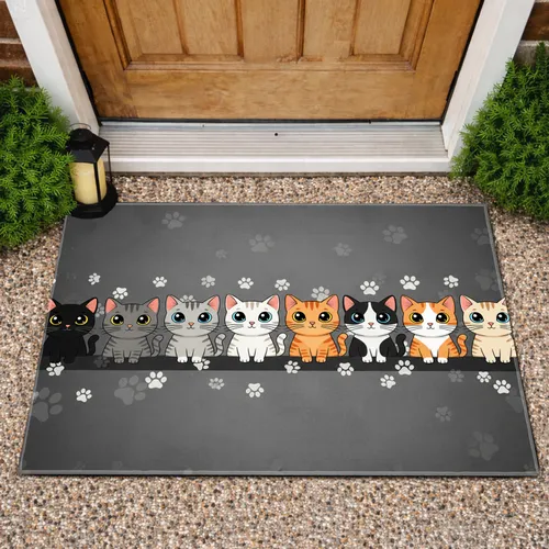 Eight Cartoon Cats Diverse Fur Paw Prints - Everyday Home Decor Gift for Cat Lovers Doormat