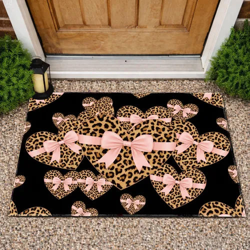Black Leopard Print Hearts Blush Pink Bows - Home Decor Gift Doormat
